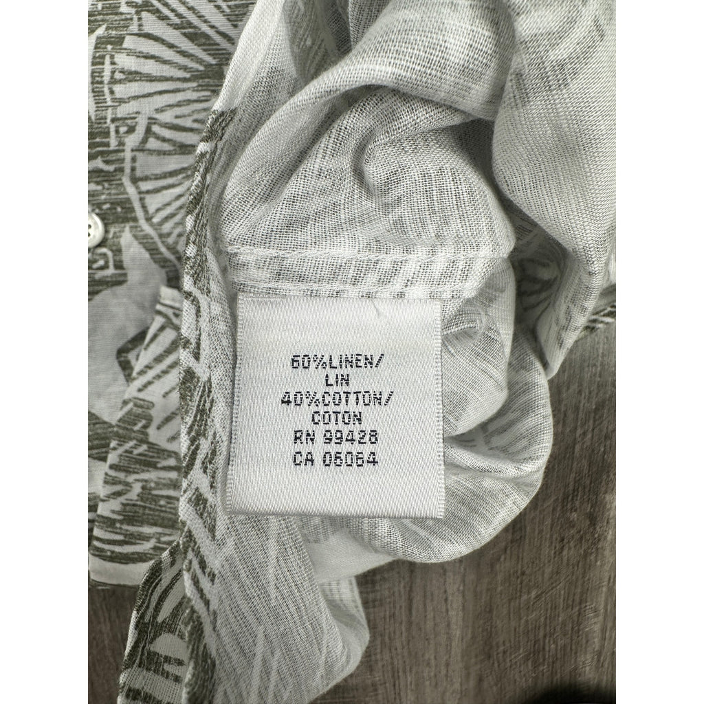 Bugatchi Julian Floral Linen Cotton Shaped Fit Long Sleeve Button Down in Olive White — Size Medium