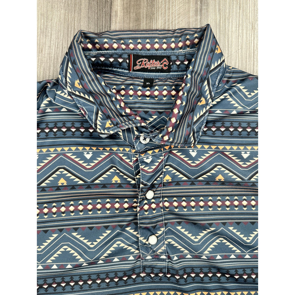 Rafter C Southwestern Print Pearl Snap Golf Polo in Gray Maroon Tan White Black Orange — Size XL // Preowned