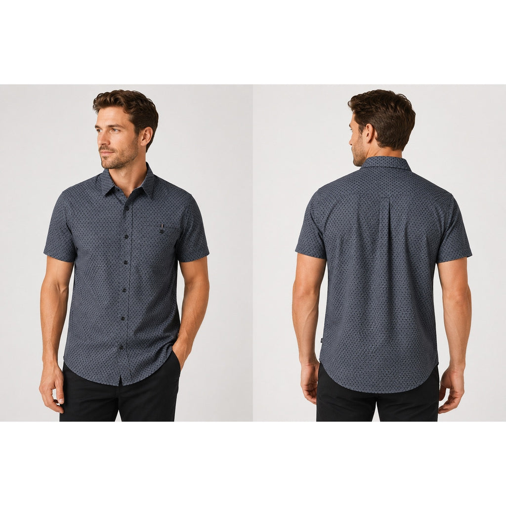 7 Diamonds Flawless 4 Way Stretch Woven Short Sleeve Shirt in Gray and Charcoal — Size Medium // Preowned