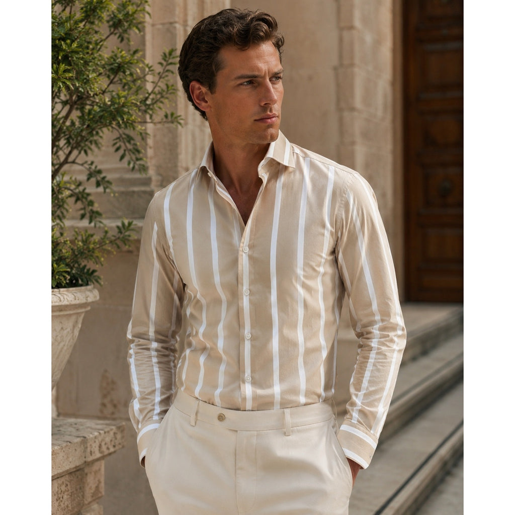 Suitsupply Albini 1876 Egyptian Cotton Extra Slim Fit Casual Long Sleeve Shirt in Tan and White — Size 14.5/15 // Preowned