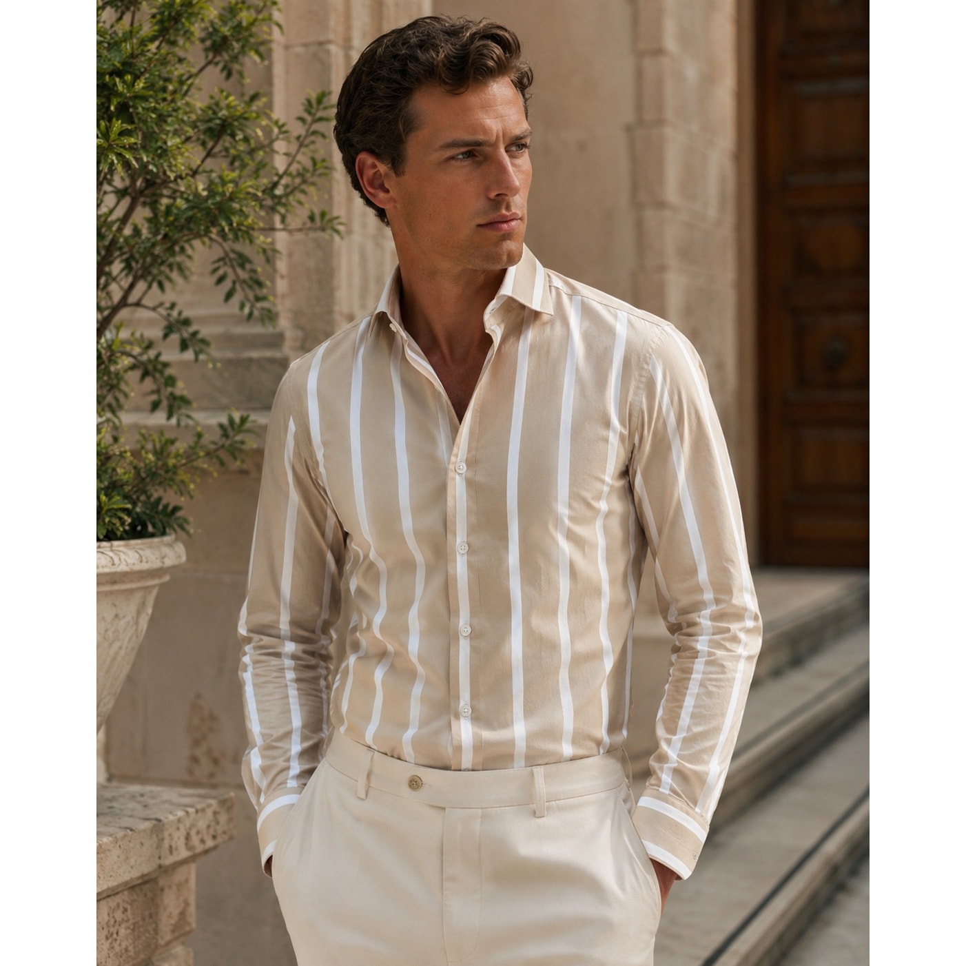 Suitsupply Albini 1876 Egyptian Cotton Extra Slim Fit Casual Long Sleeve Shirt in Tan and White — Size 14.5/15 // Preowned
