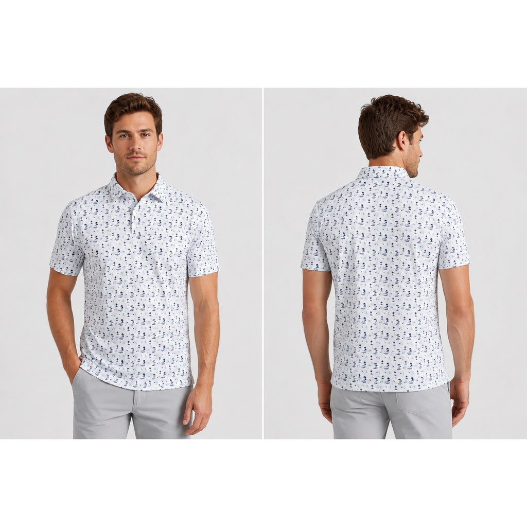 Mizzen+Main Desert Oasis Cactus Palms Performance Trim Polo in White, Navy and Green — Size Medium // Preowned