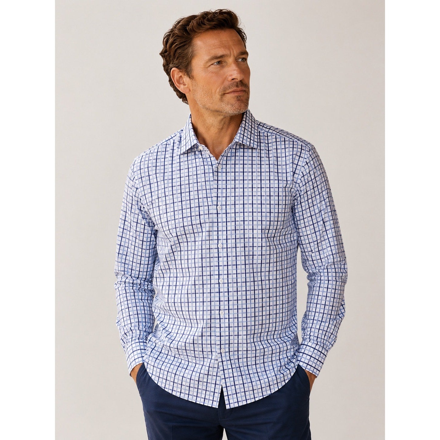 bugatchi dress shirt Bugatchi Uomo Long Sleeve Check Dress Shirt in Blue White Plaid — Size 17.5 36/37
