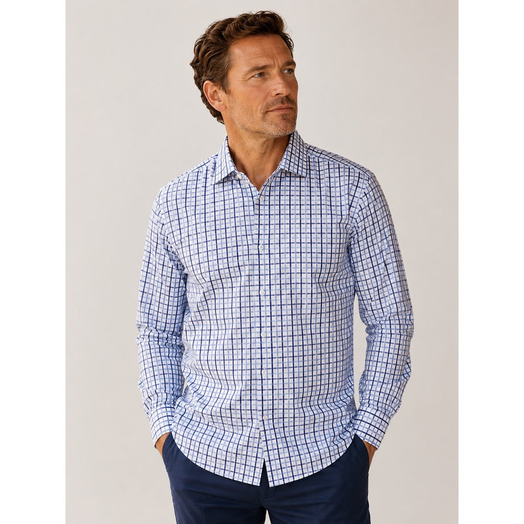 Bugatchi Uomo Long Sleeve Check Dress Shirt in Blue White Plaid — Size 17.5 36/37