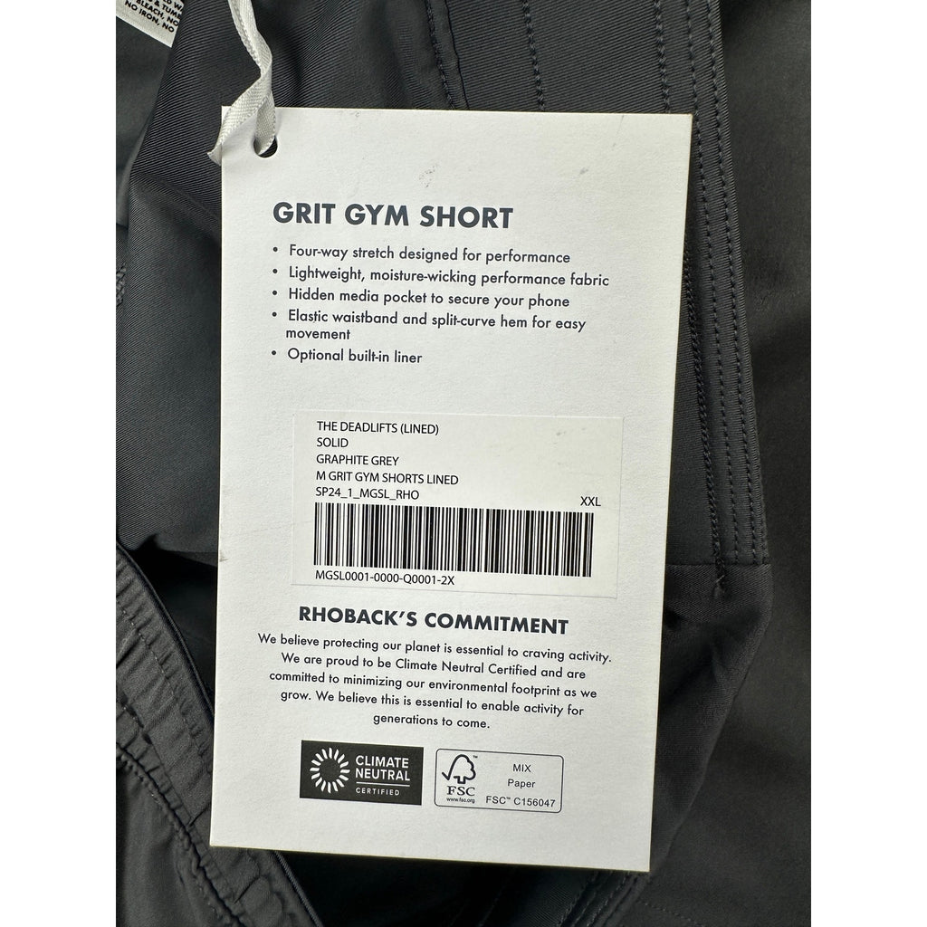 Rhoback The Deadlifts Lined Grit Gym Shorts in Graphite Grey — Size 2XL