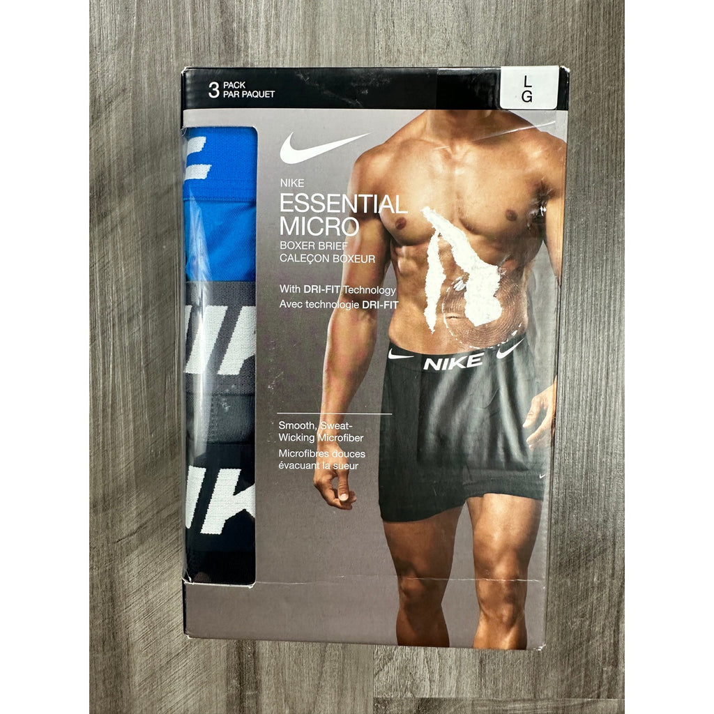 Nike Essential Micro Dri-FIT Boxer Brief 3-Pack in Black Blue Gray — Size Large