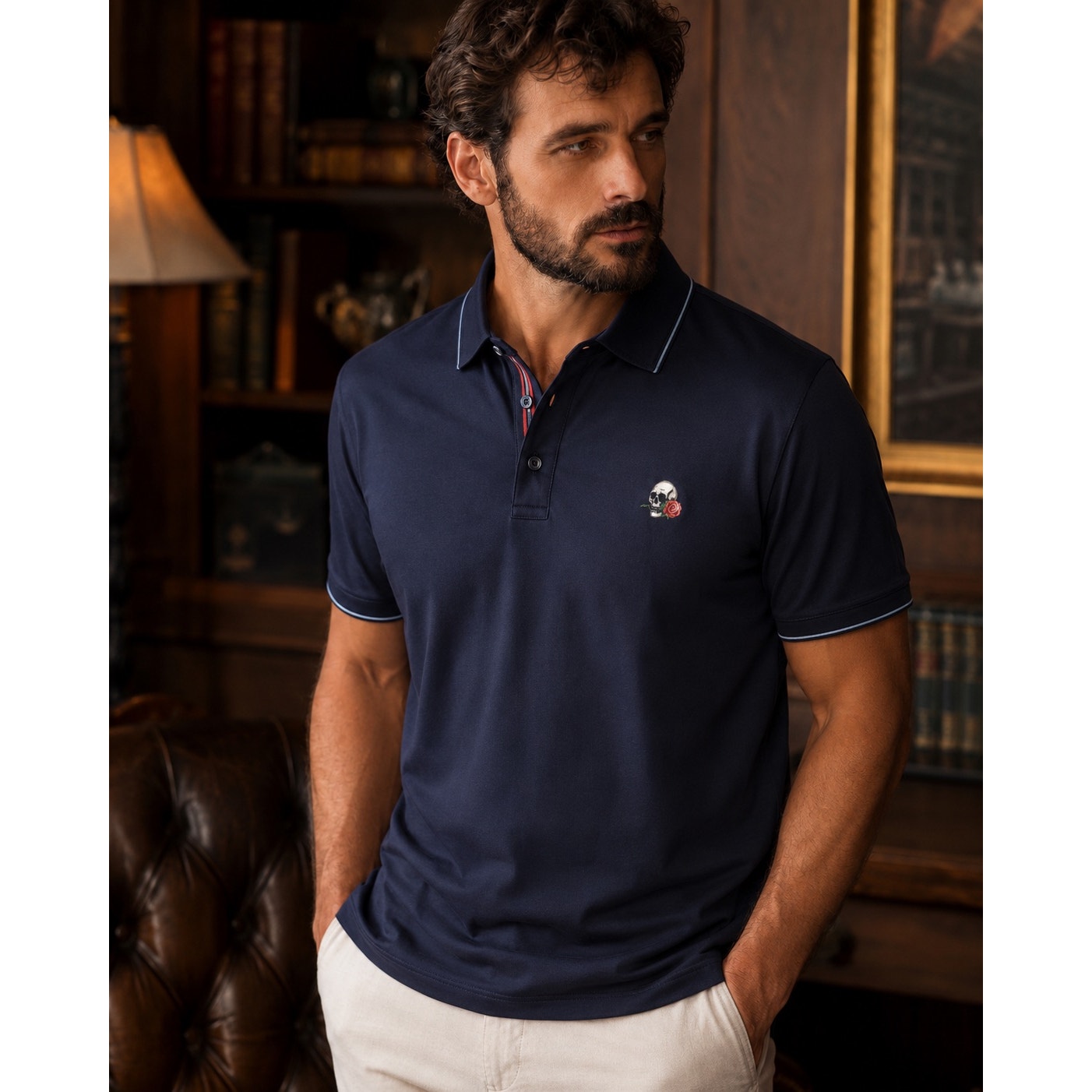 Robert Graham Rossi Skull and Rose Logo Navy Classic Fit Polo - Large