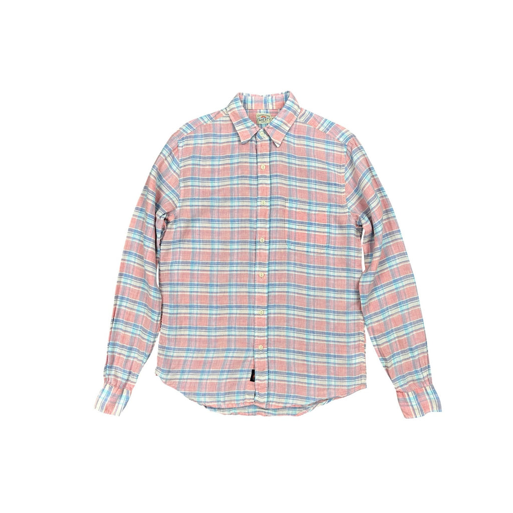 Faherty Linen Plaid Long Sleeve Button Down in Pink, Blue, Purple, White — Size Small // Preowned