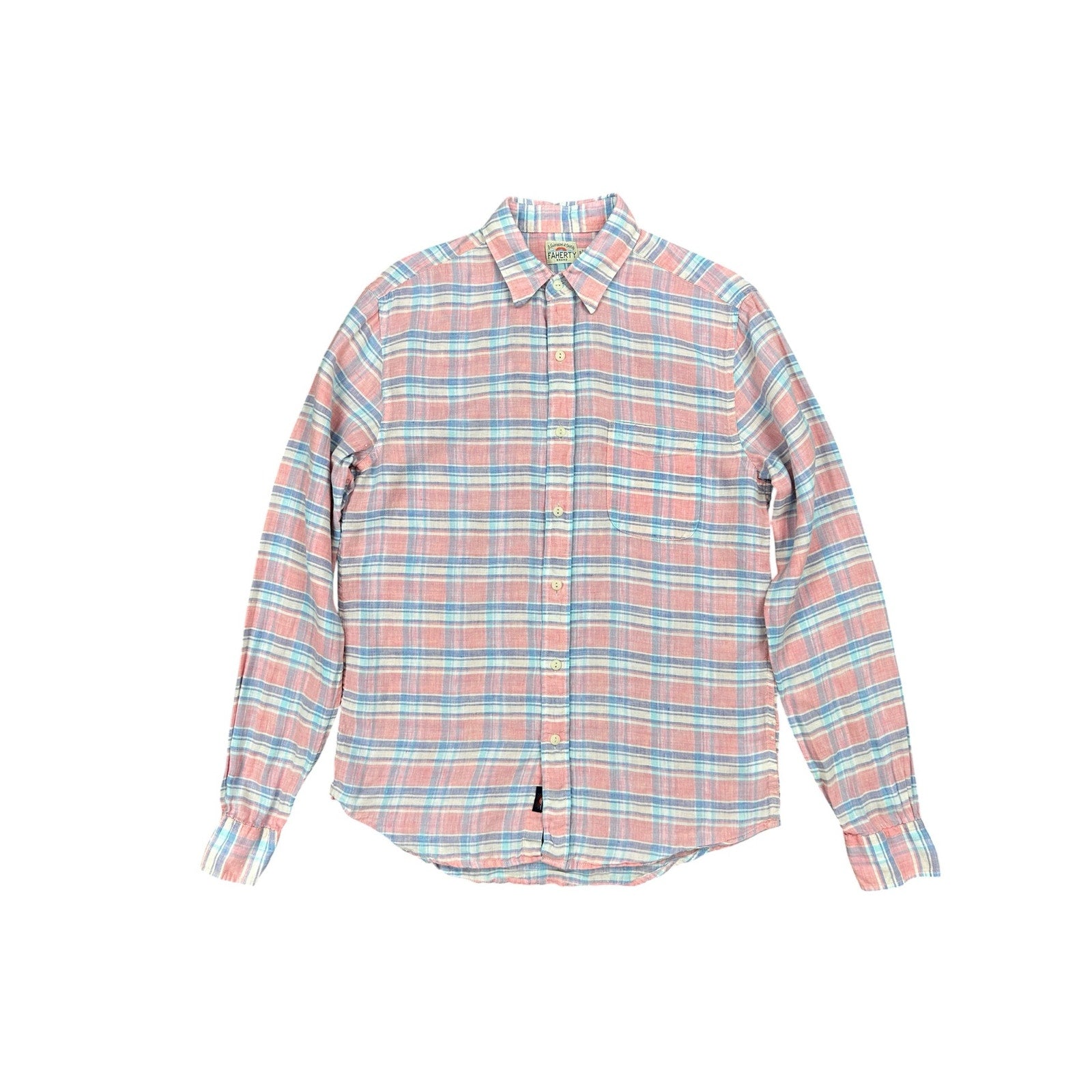Faherty Linen Plaid Long Sleeve Button Down in Pink, Blue, Purple, White — Size Small // Preowned