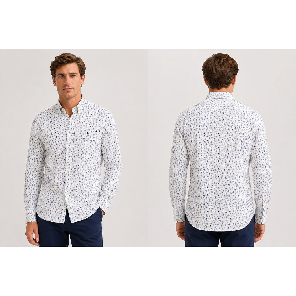 Polo Ralph Lauren Classic Fit Sailboat Anchor AOP Long Sleeve Shirt in White Blue — Size 2XL