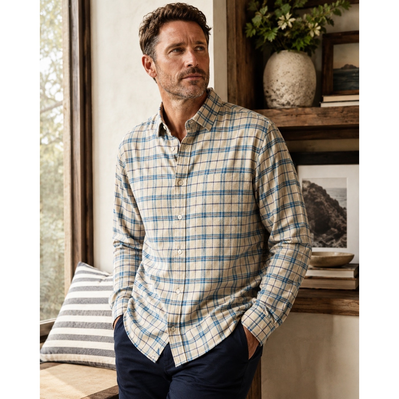UNTUCKit Avesso Slim Fit Wrinkle Free Flannel Plaid Long Sleeve Shirt in Tan, Blue, Black, Pink — Size Large // Preowned