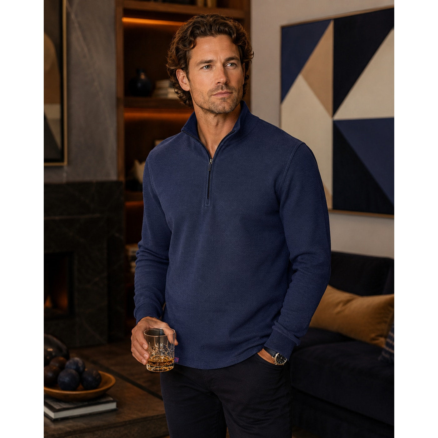 Robert Graham Navy Classic Fit Shepton Waffle Knit Quarter Zip Pullover - XL