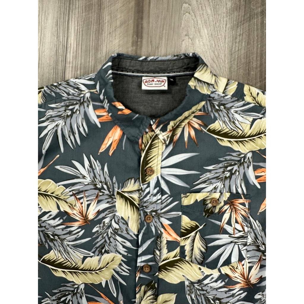 Ron Jon Surf Shop Hawaiian Tropical Short Sleeve Button Down in Dark Slate Blue Green Orange — Size Medium // Preowned