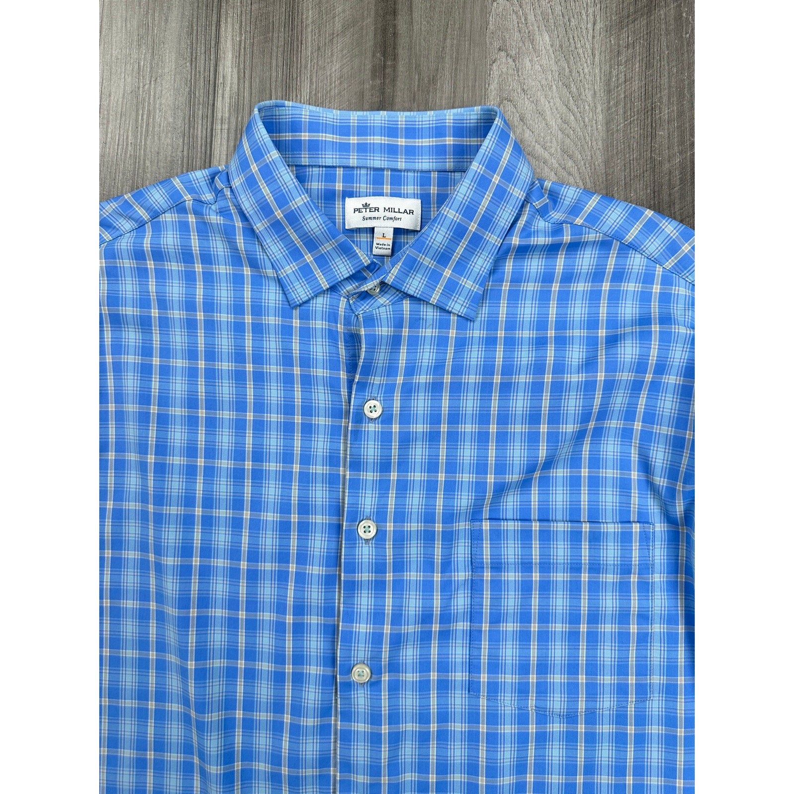 Peter Millar Summer Comfort Plaid Eagle Point Golf Club Long Sleeve Button Down in Blue Tan White — Size Large // Preowned