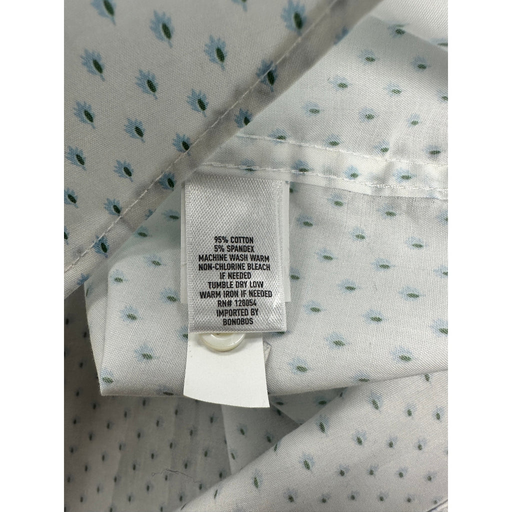 Bonobos Tailored Fit Long Sleeve Button Down in White with Blue and Green Leaves — Size 17.5/36 (XL)