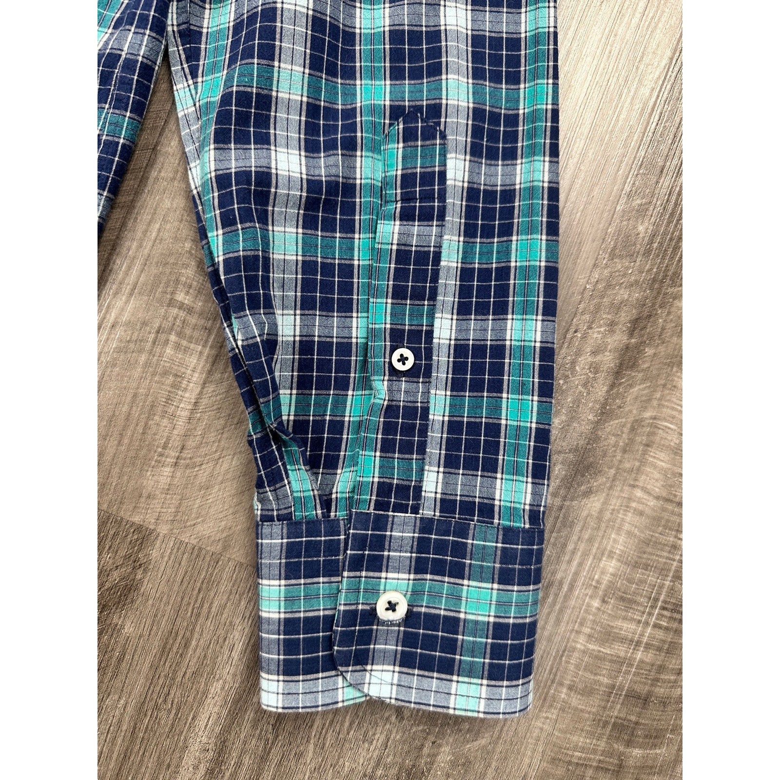 Billy Reid Standard Cut Plaid Long Sleeve Shirt in Navy, Teal, White — Size Medium // Preowned