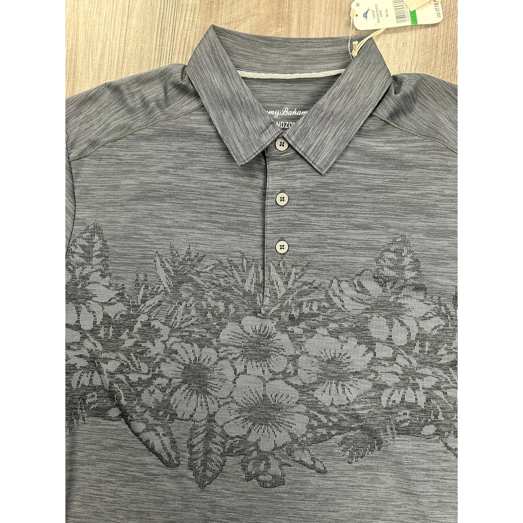 Tommy Bahama Island Zone Palm Coast Hibiscus Border Polo in Coal — Size Large