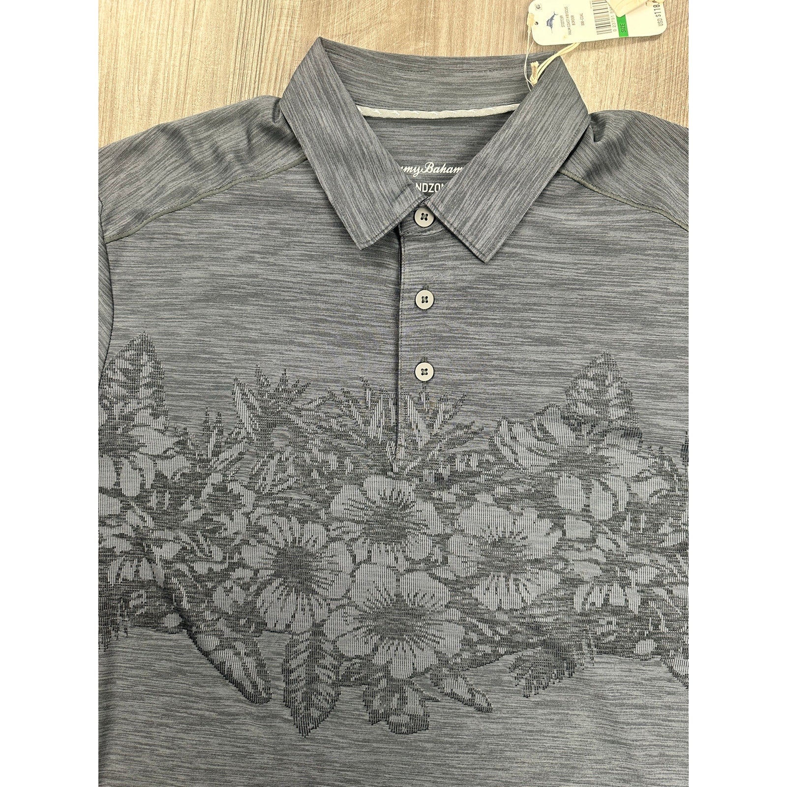 Tommy Bahama Island Zone Palm Coast Hibiscus Border Polo in Coal — Size Large