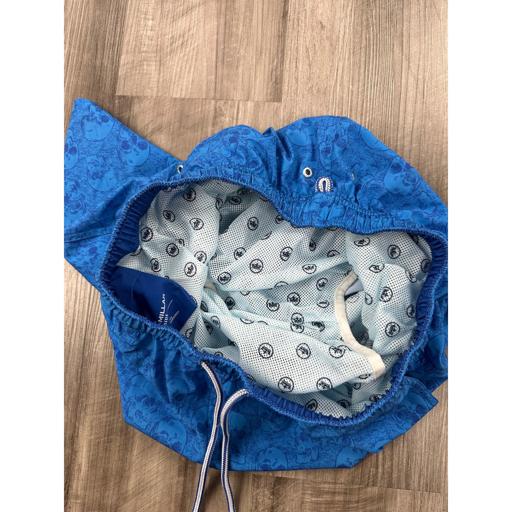 Peter Millar Seaside Skulls Print Walker Cup Swim Trunks in Blue and Navy — Size Medium // Preowned