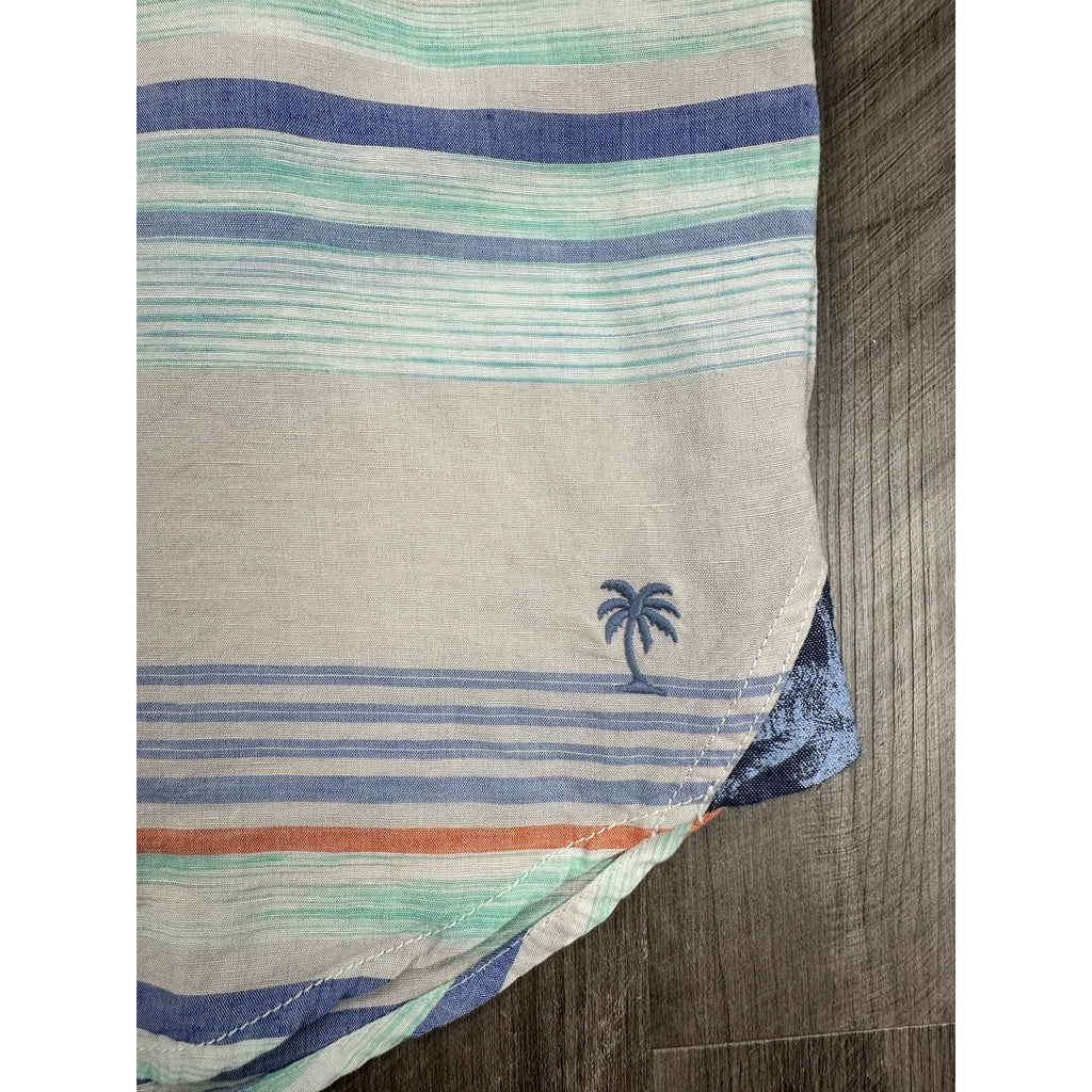 Tommy Bahama Indigo Palms Sand Linen Horizon View Short Sleeve Button Down in Stripe — Size Small