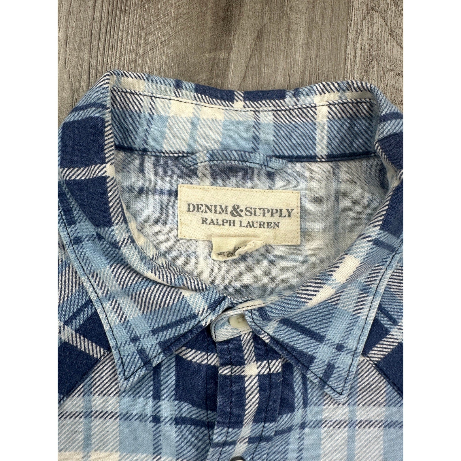 Ralph Lauren Denim and Supply Flannel Plaid Long Sleeve Pearl Snap Button Down in Blue Light Blue White — Size Large // Preowned