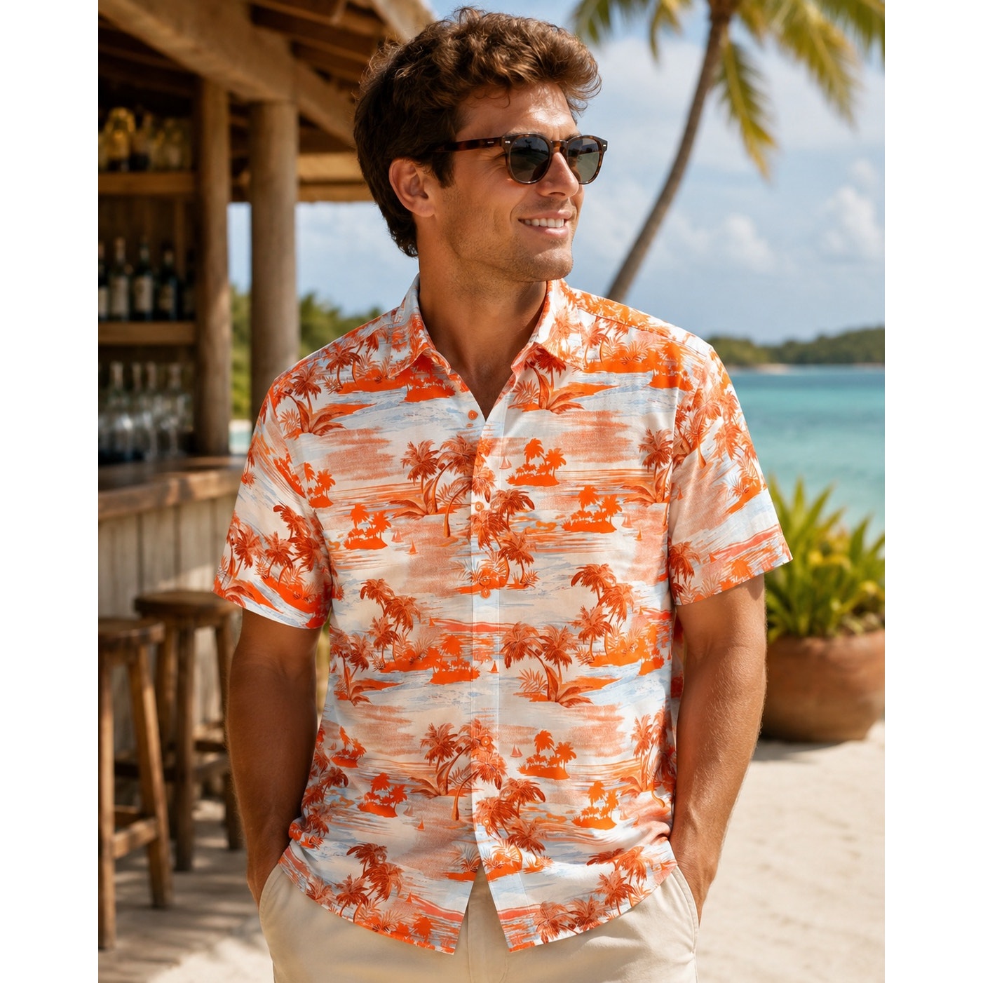 Tommy Bahama Sport Tropical Horizons Stretch Short Sleeve Camp Shirt in Spicy Orange — Size 3XL