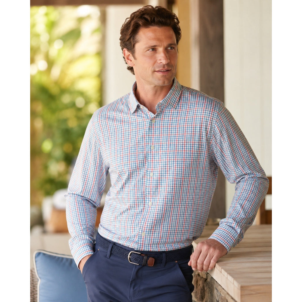 Johnnie-O Han Everyday Performance Long Sleeve Button Down in White with Pink, Navy and Blue — Size XL