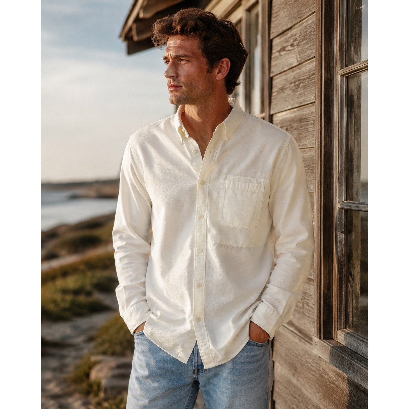 FRAME Classic Fit Tonal Blacking Shirt in Light Cream, Off White — Size XL // Preowned