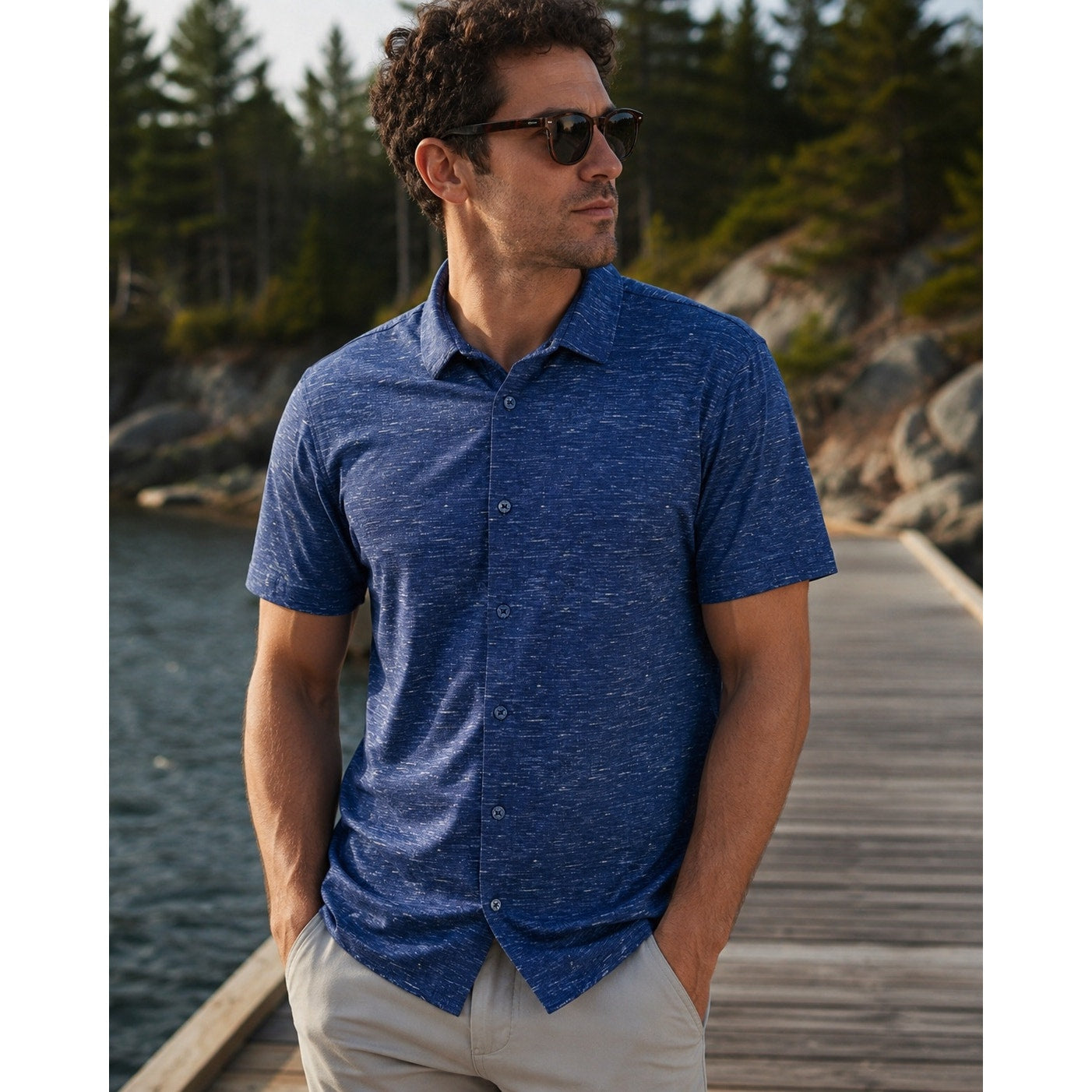 Bugatchi OoohCotton 8 Way Stretch Short Sleeve Shirt in Midnight — Size Medium // Preowned