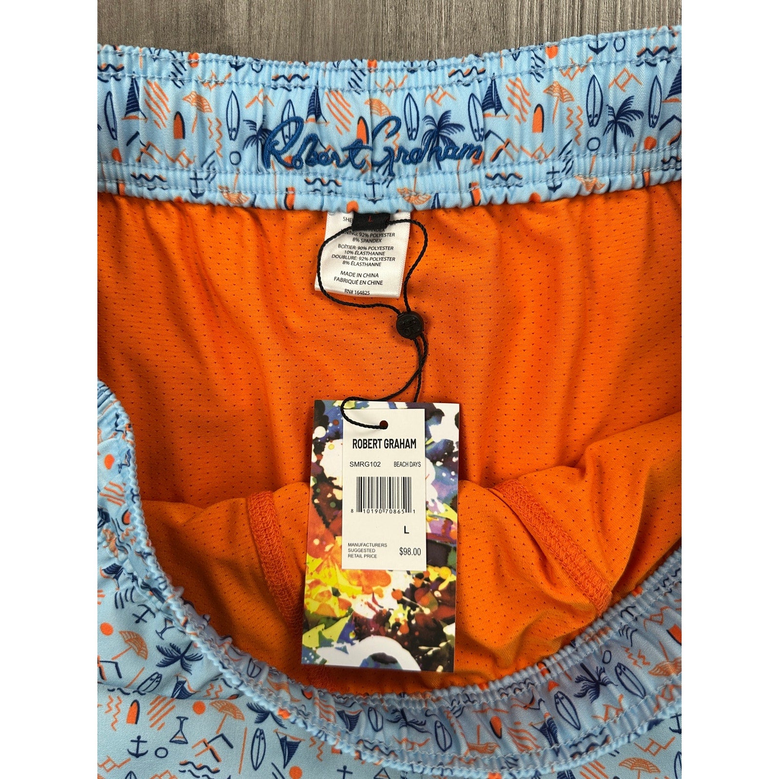 Robert Graham Beach Days Swim Trunks in Light Blue Navy and Orange — Size Large