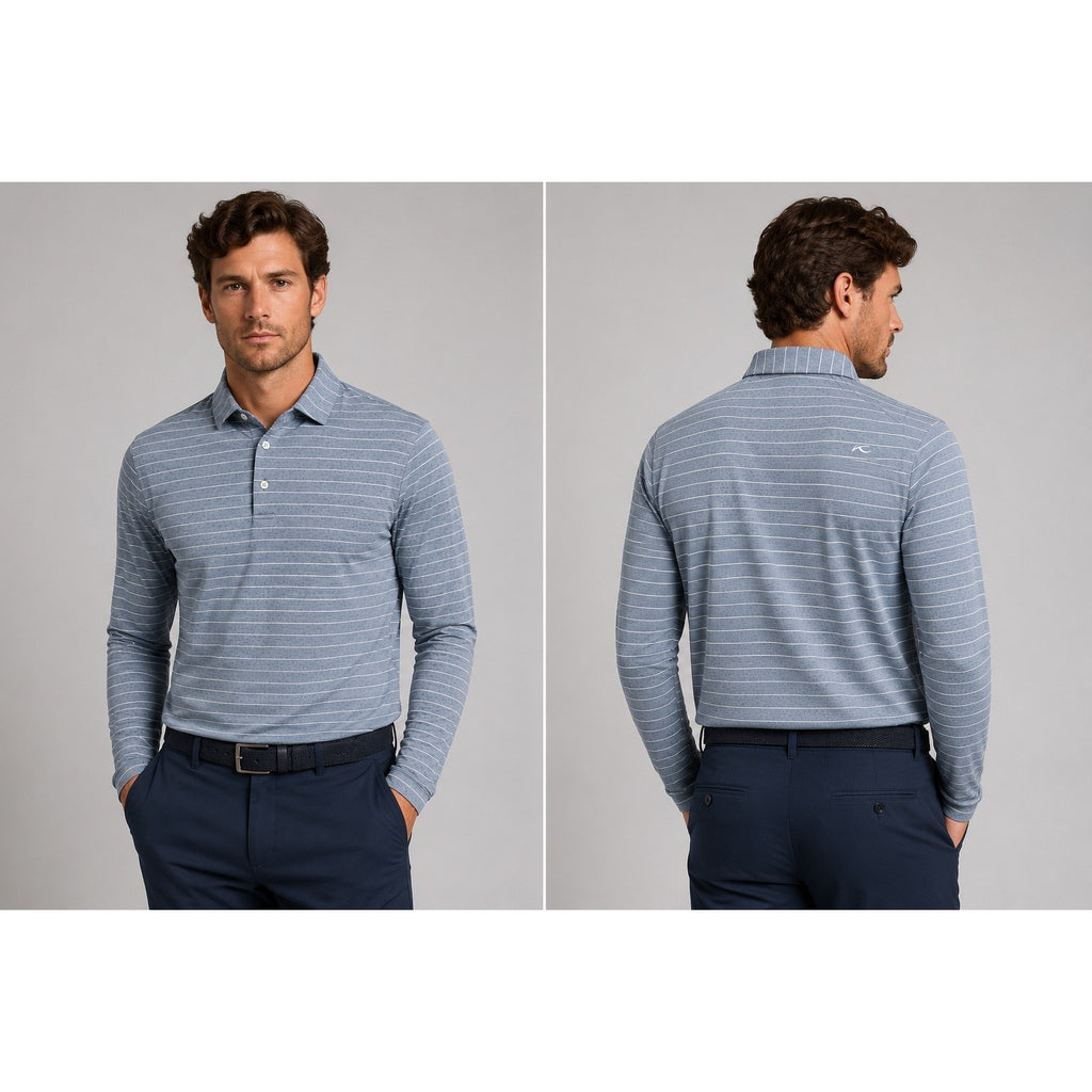 KJUS Soren Melange Stripe Long Sleeve Polo in Atlanta Blue, White — Size 50 (Medium)
