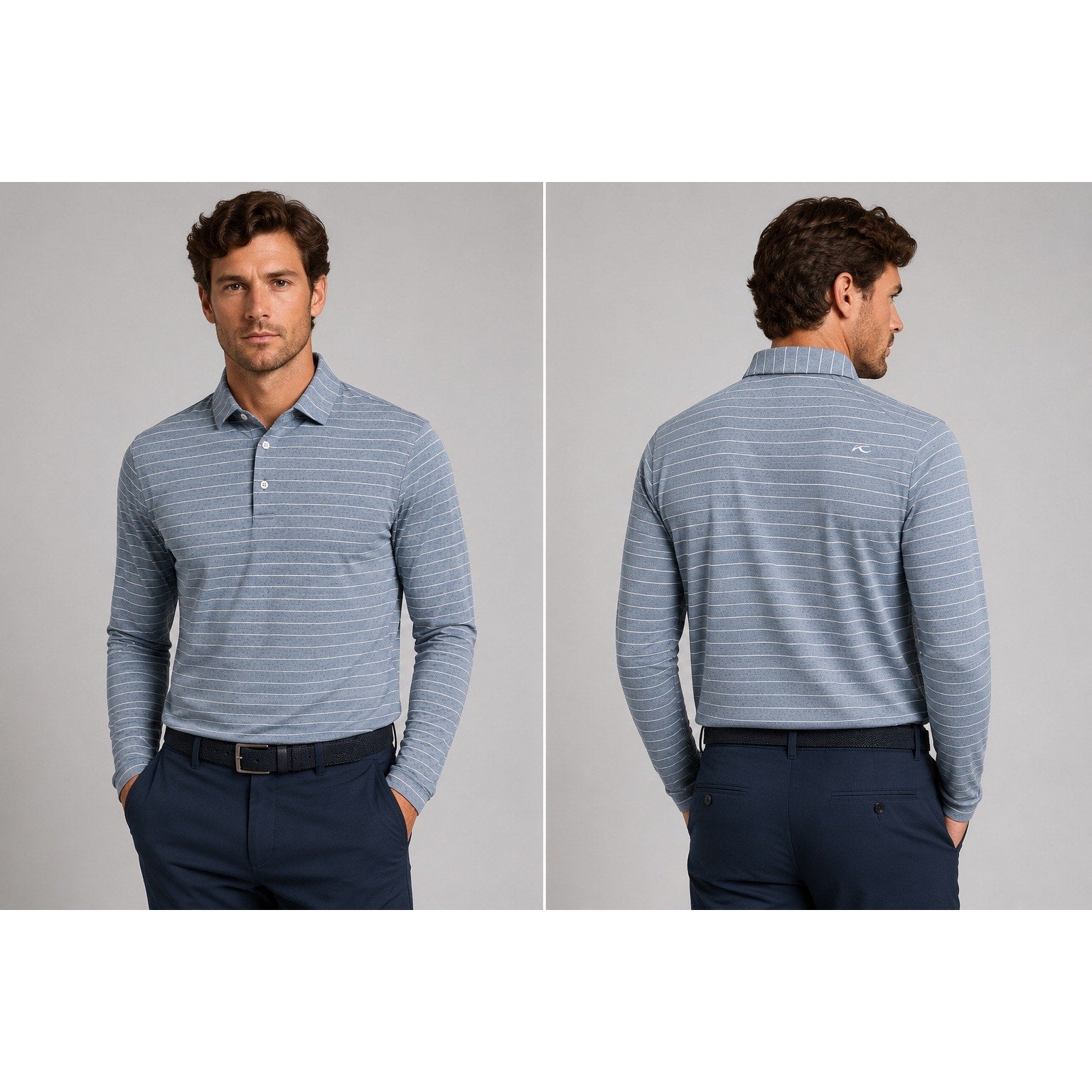 KJUS Soren Melange Stripe Long Sleeve Polo in Atlanta Blue, White — Size 50 (Medium)