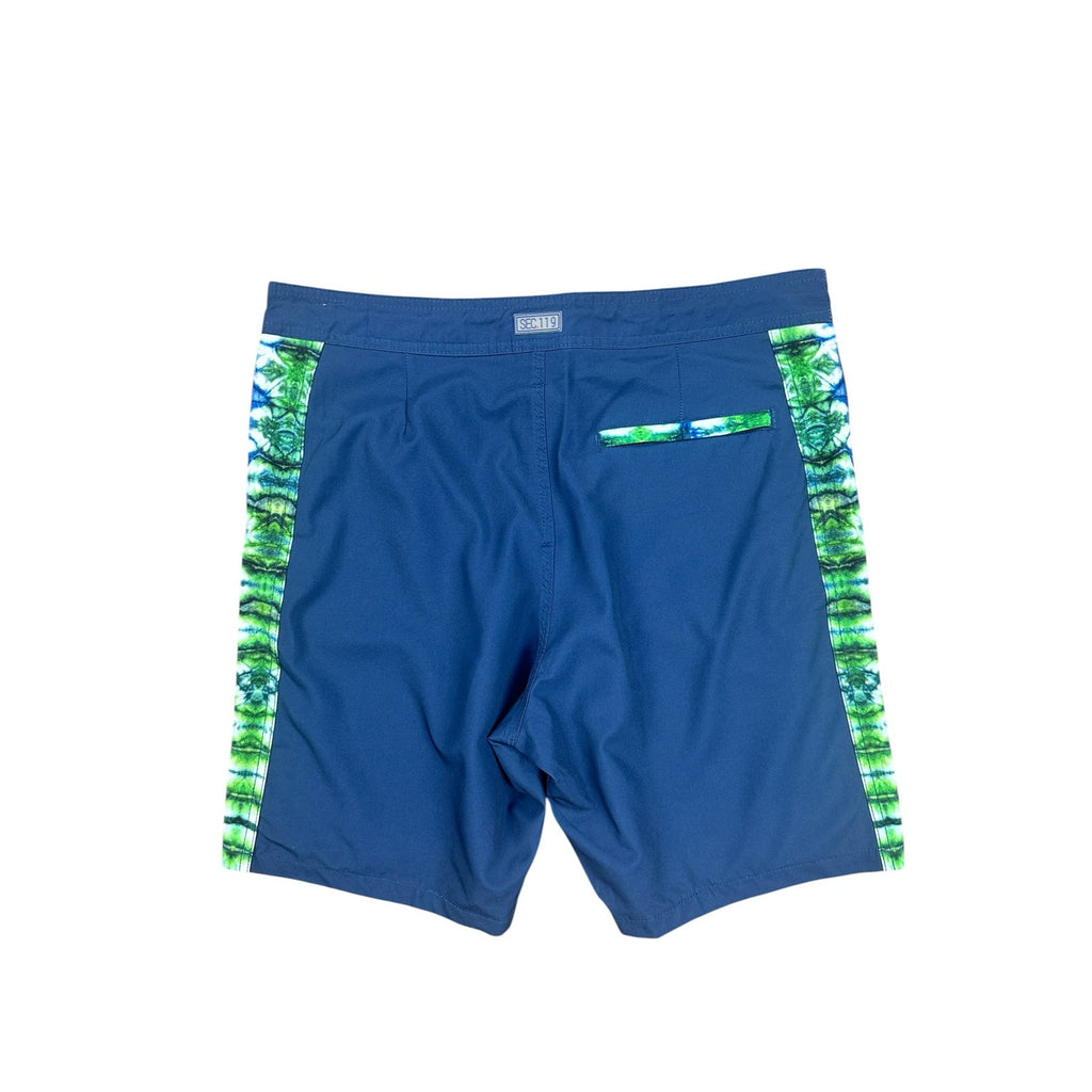 Section 119 x Grateful Dead Bolt Skeleton Hybrid Board Shorts in Navy with Green White Blue Stripes — Size 34