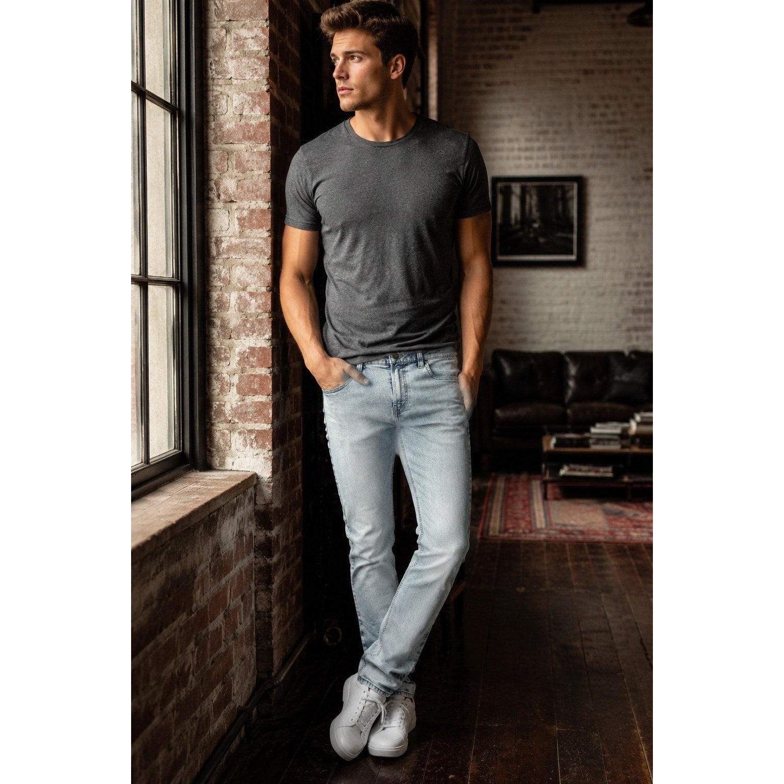 Buffalo David Bitton Ash Slim Stretch Jeans in Bleached and Blasted — Size 34x32