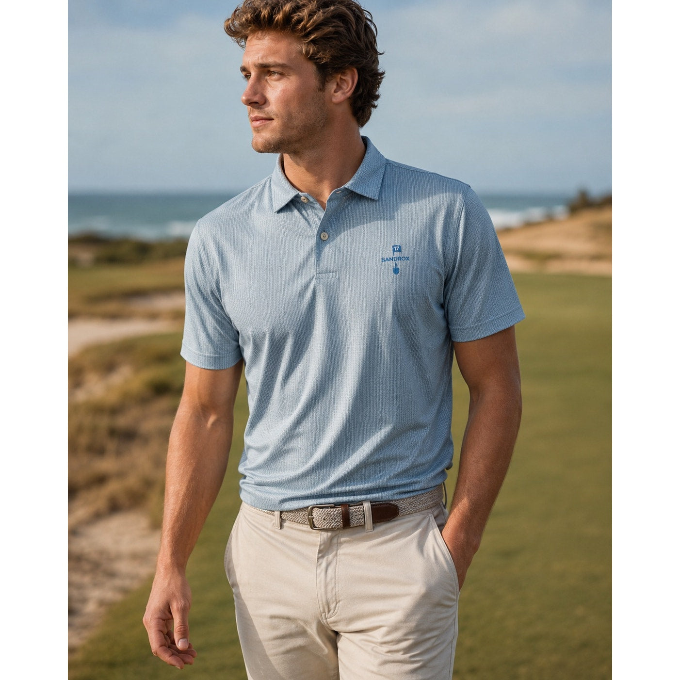 Peter Millar Featherweight UPF 50+ Golf Polo in Blue Green and White Geo Print — Size Small // Preowned