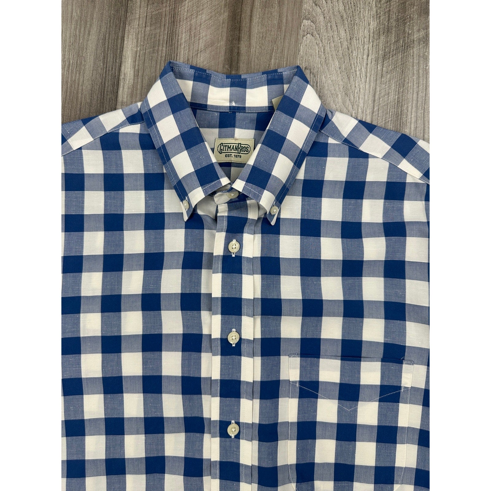 Gitman Bros. Made in USA Checkered Long Sleeve Button Down in Blue and White — Size Large // Preowned