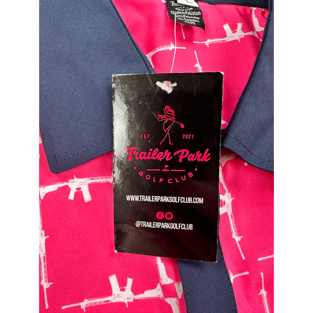 Trailer Park Golf Club Classy Rifle Golf Polo in Pink, White and Navy — Size Large