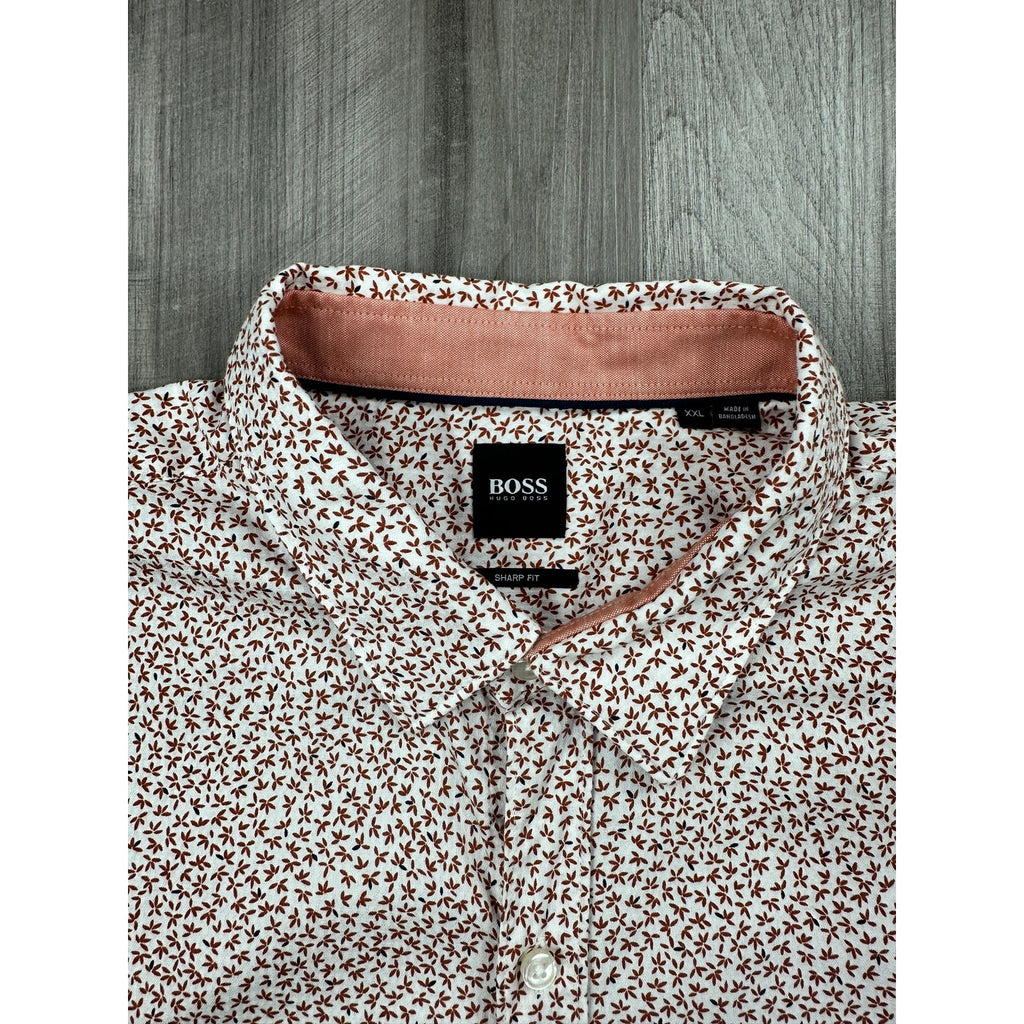 BOSS Hugo Boss Robbie Shaped Fit Leaf Long Sleeve Button Down in White Orange Black Leaves — Size 2XL // Preowned