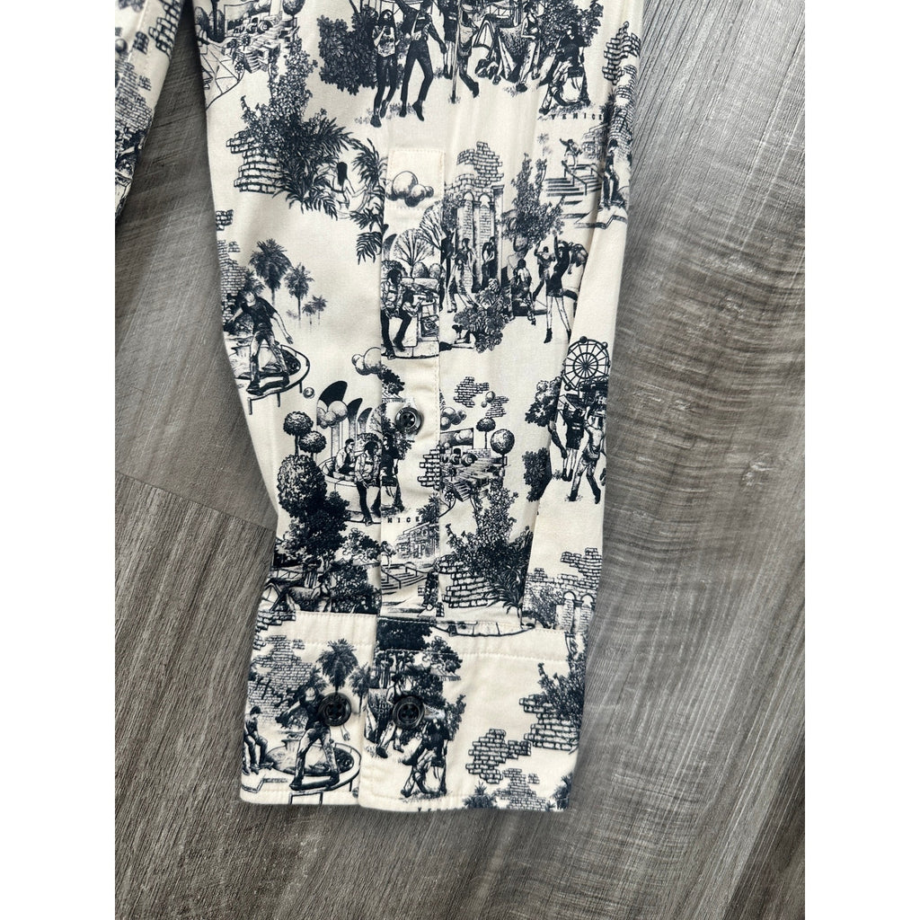 HUGO Ermo Stretch City Print Long Sleeve Shirt in Cream, Black — Size XL // Preowned