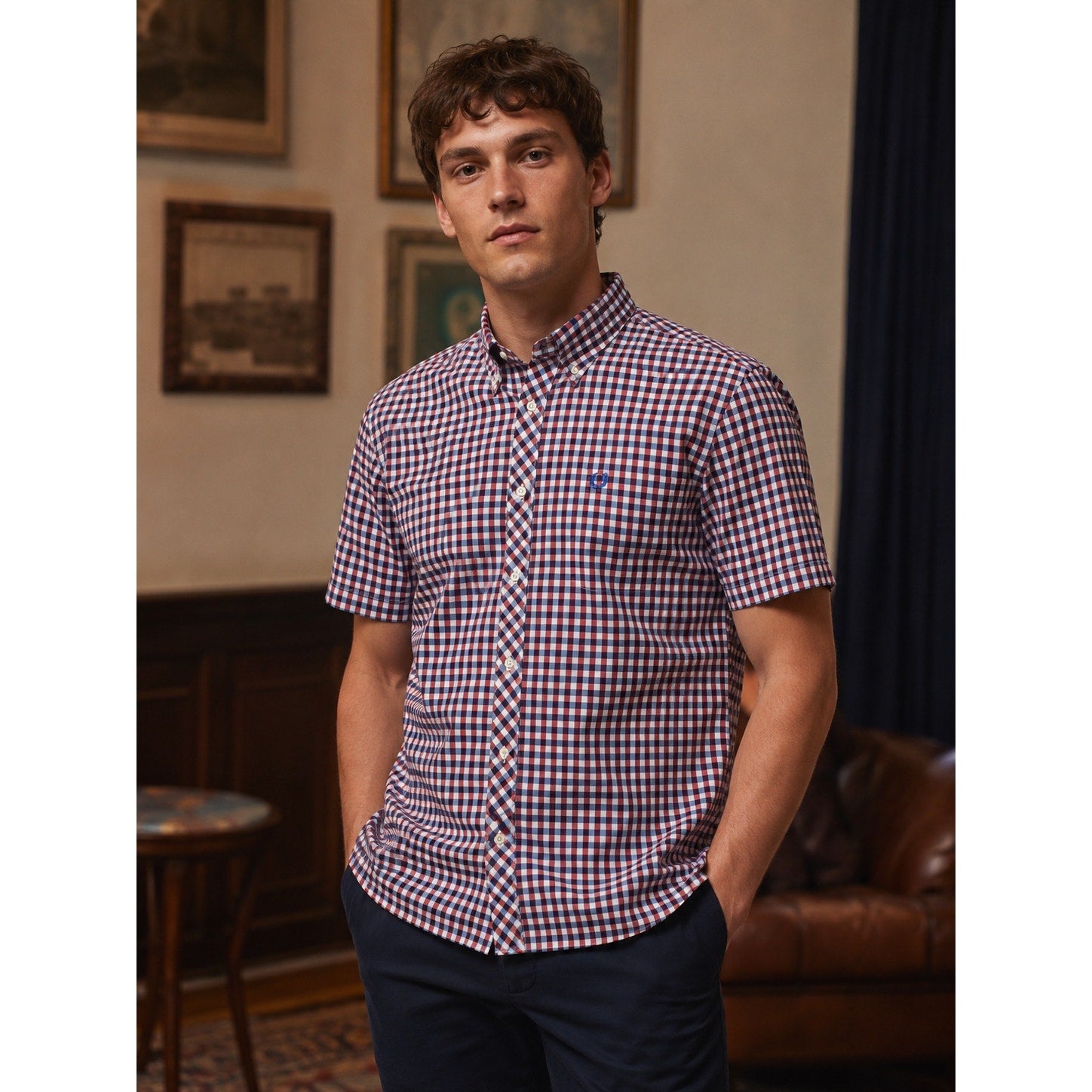 Fred Perry Gingham Short Sleeve Button Down in Dark Red Blue White — Size XL // Preowned