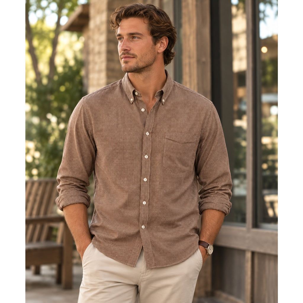 Billy Reid Tuscumbia Standard Fit Windowpane Check Long Sleeve Shirt in Brown, Cream — Size Large // Preowned