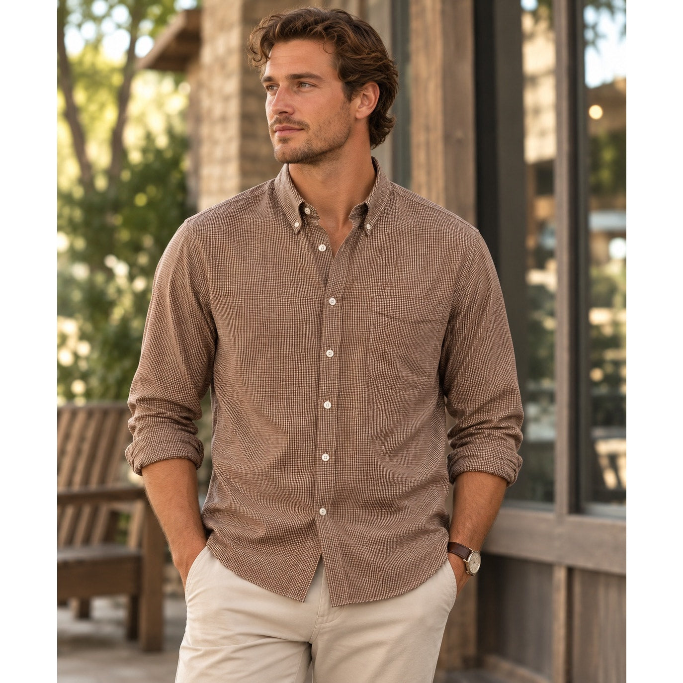 Billy Reid Tuscumbia Standard Fit Windowpane Check Long Sleeve Shirt in Brown, Cream — Size Large // Preowned