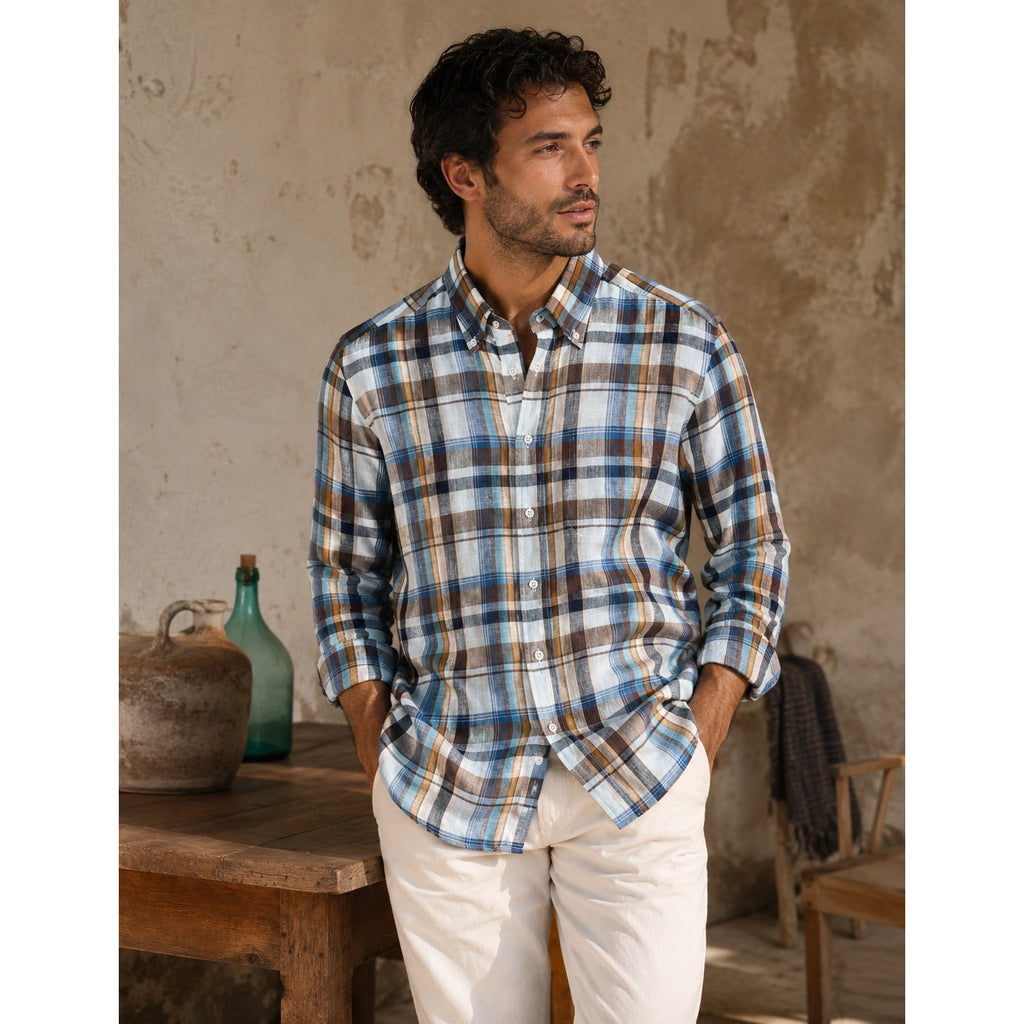 Luca Avitabile Handmade Neapolitan Linen Plaid Shirt in Multicolor — Large