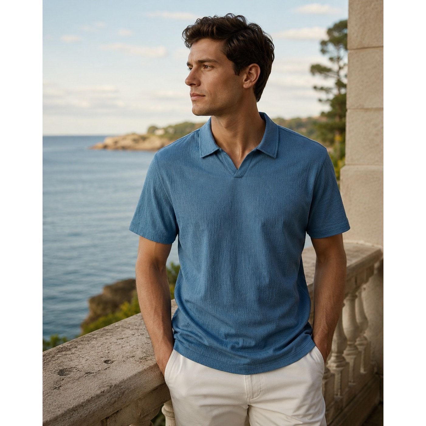 Robert Barakett Basil Road Short Sleeve Open Collar Polo in Ocean View — Size 2XL