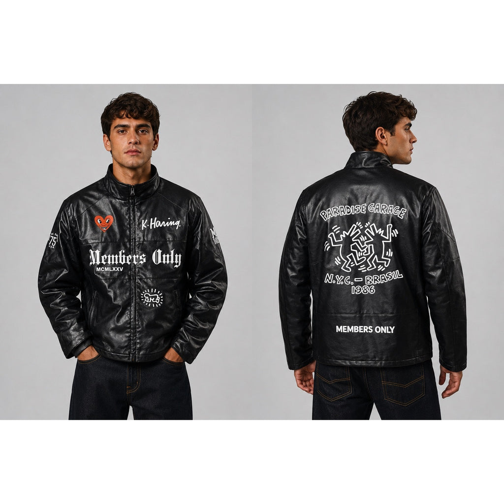 Members Only x Keith Haring Paradise Garage Racing Faux Leather Jacket in Black — Size Large