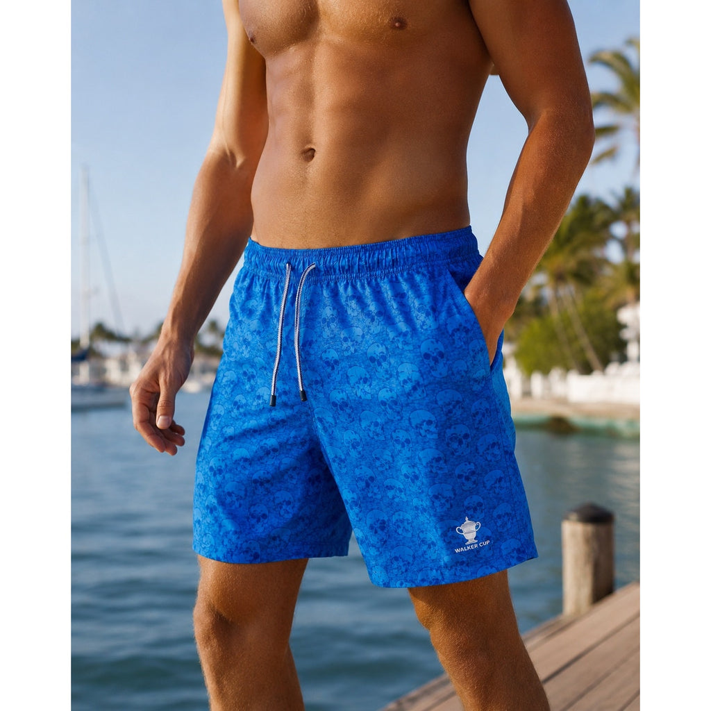 Peter Millar Seaside Skulls Print Walker Cup Swim Trunks in Blue and Navy — Size Medium // Preowned
