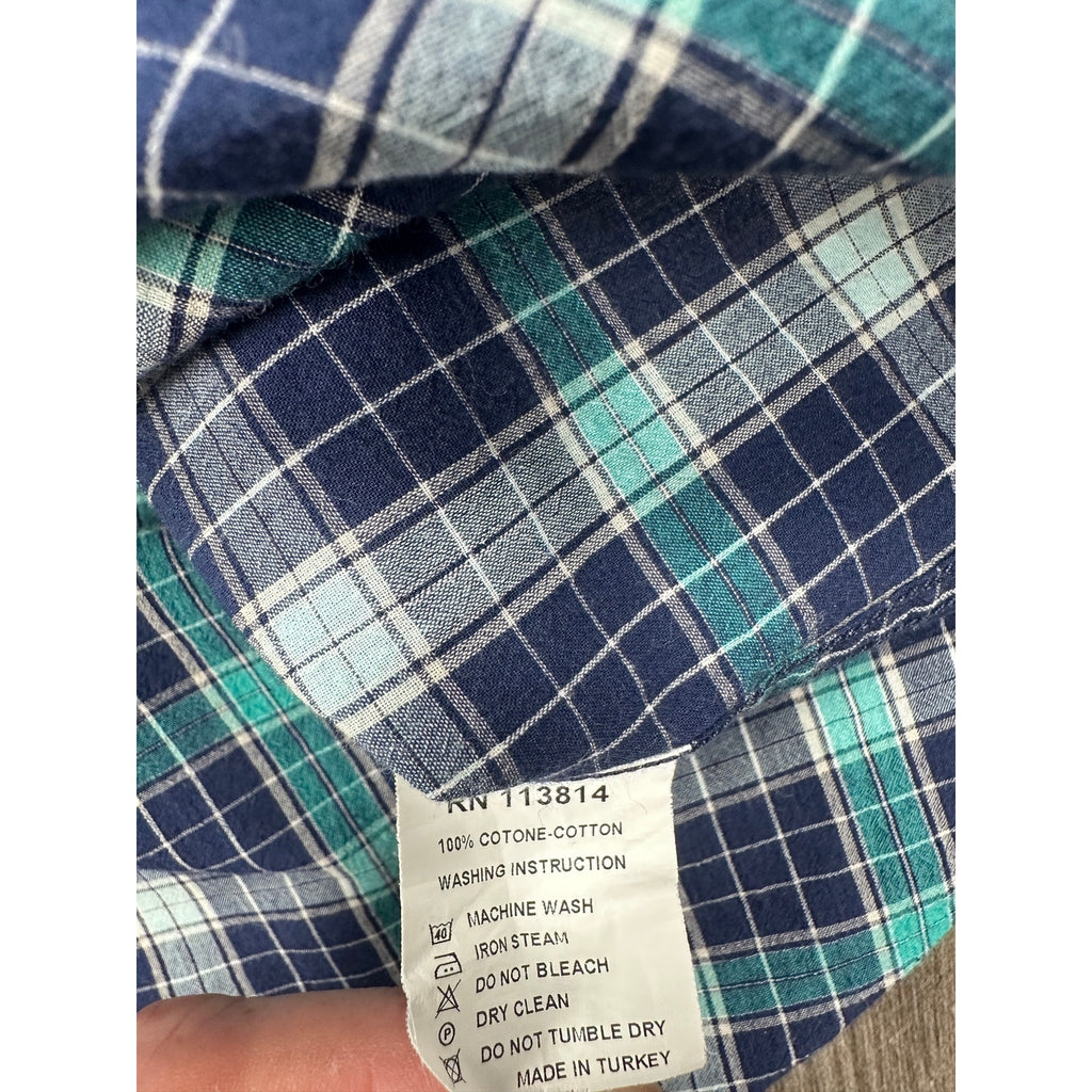 Billy Reid Standard Cut Plaid Long Sleeve Shirt in Navy, Teal, White — Size Medium // Preowned