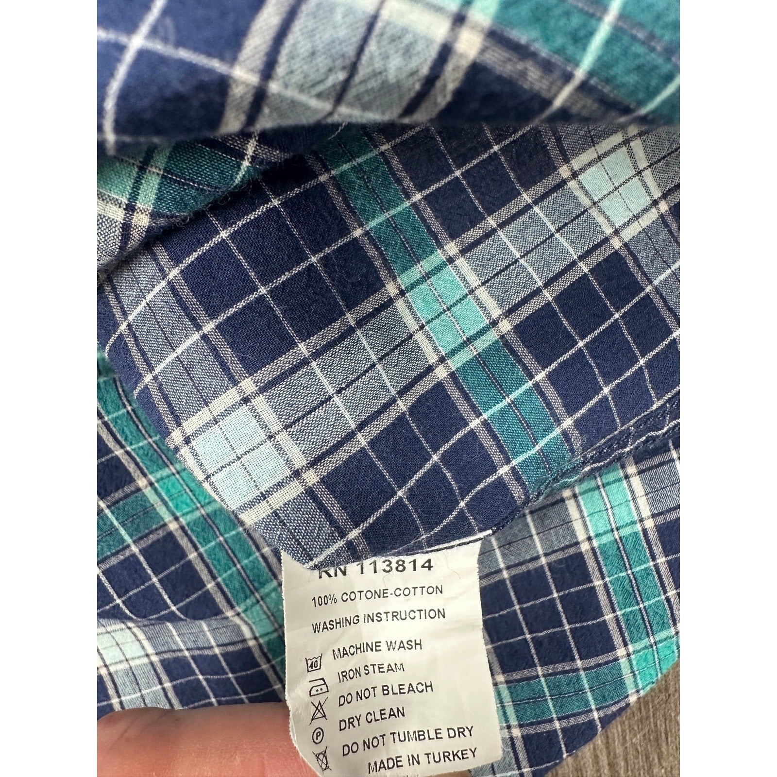 Billy Reid Standard Cut Plaid Long Sleeve Shirt in Navy, Teal, White — Size Medium // Preowned