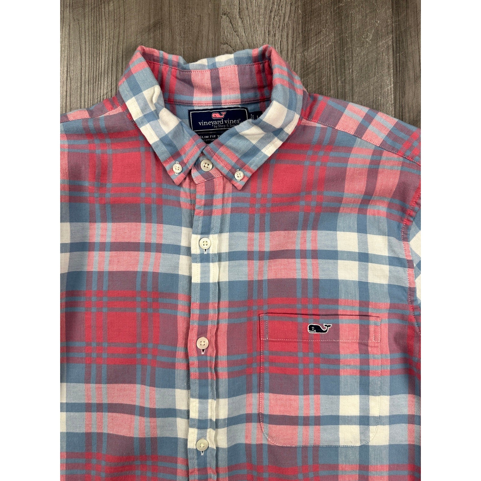 Vineyard Vines Slim Fit Tucker Shirt in Pink Blue Gray White Plaid Linen Blend — Size Large