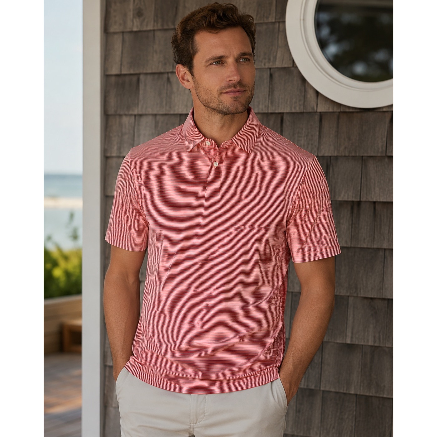 Southern Tide Brrr Meadowbrooke Striped Golf Polo in Poppy Red and White — Size Small